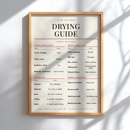 A framed 'Drying Guide' poster hanging on a white wall, featuring black and coral text on a cream background inside a light wood frame, with soft window shadows cast across it.