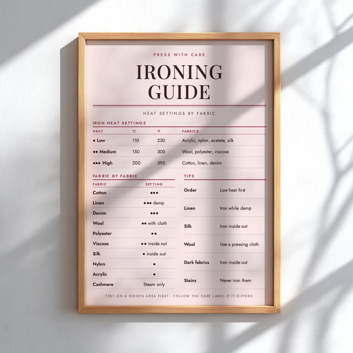 An informational guide titled 'IRONING GUIDE' with heat settings and fabric care instructions printed on a pale sage green background.