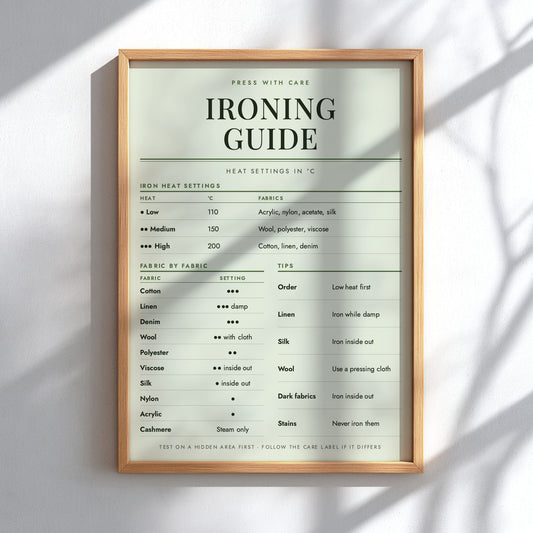 An informational guide titled 'IRONING GUIDE' with care instructions, heat settings in degrees Celsius, fabric recommendations, and tips for ironing on a pale green background.