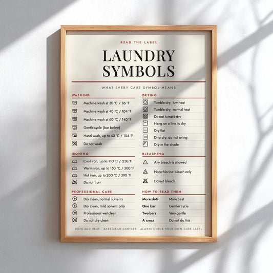 A framed educational poster titled 'LAUNDRY SYMBOLS' mounted on a light gray wall. The poster features a light wood frame and a cream-colored background with black text and orange-red icons and headings explaining laundry care symbols.