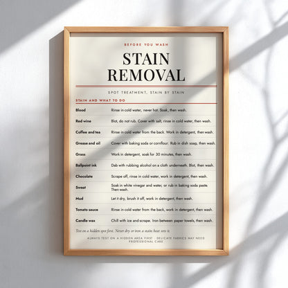 A printed stain removal guide with a pale pink background, featuring a list of common stains and instructions for treating them, headed by the text 'STAIN REMOVAL'.