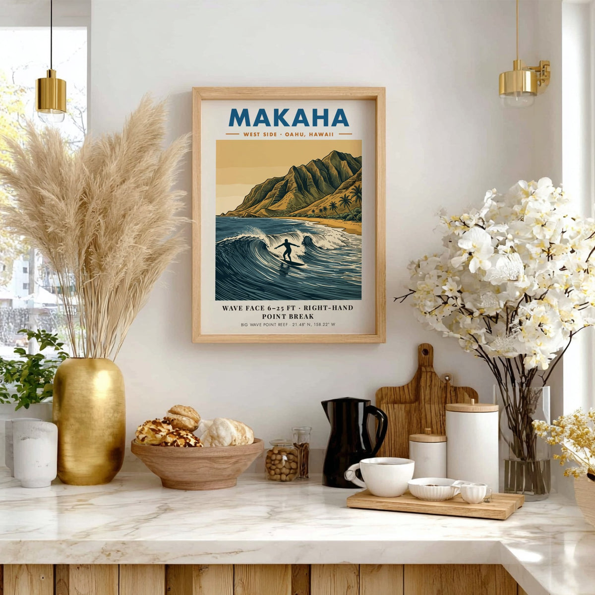 Makaha Hawaii surf poster featuring a lone surfer on a wave before mountains.