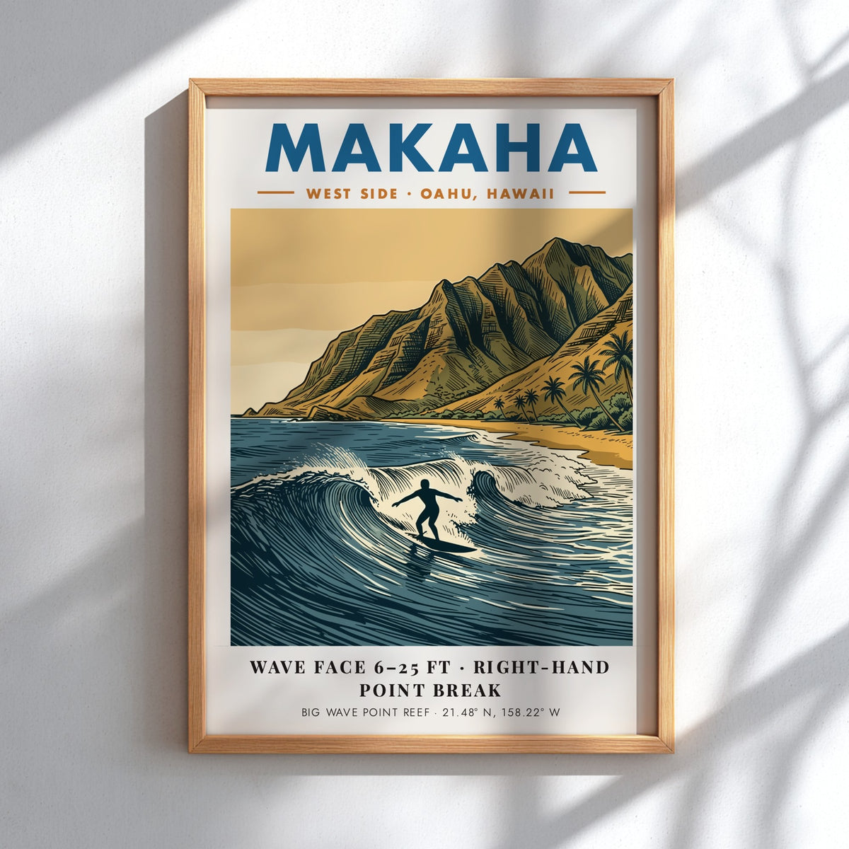 Makaha Hawaii surf poster featuring a lone surfer on a wave before mountains.