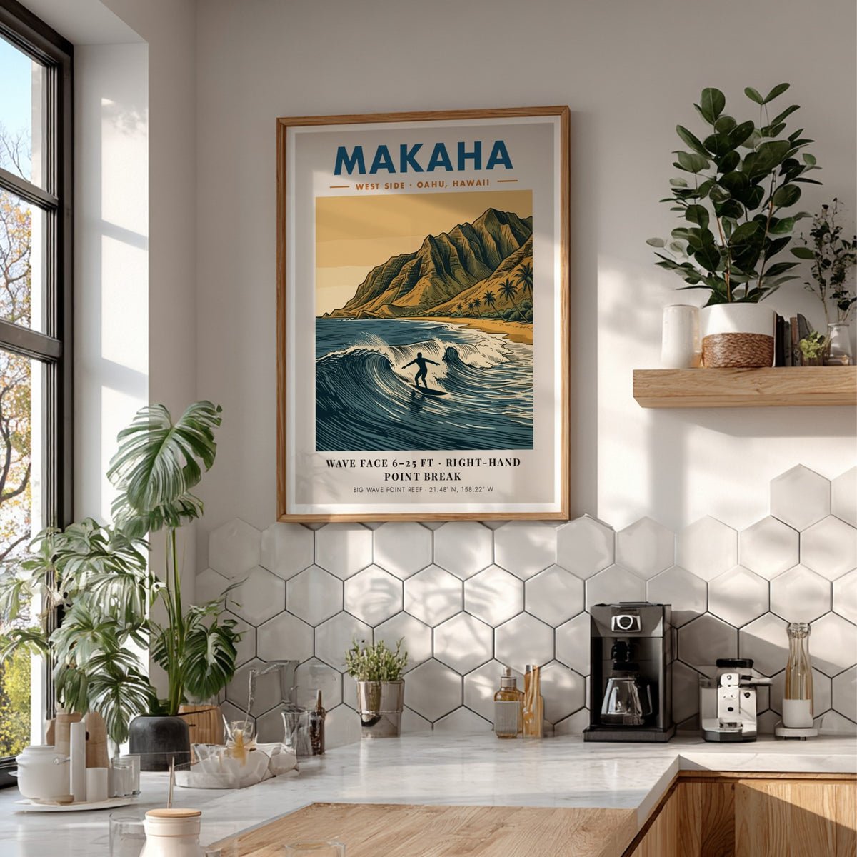 Makaha Hawaii surf poster featuring a lone surfer on a wave before mountains.