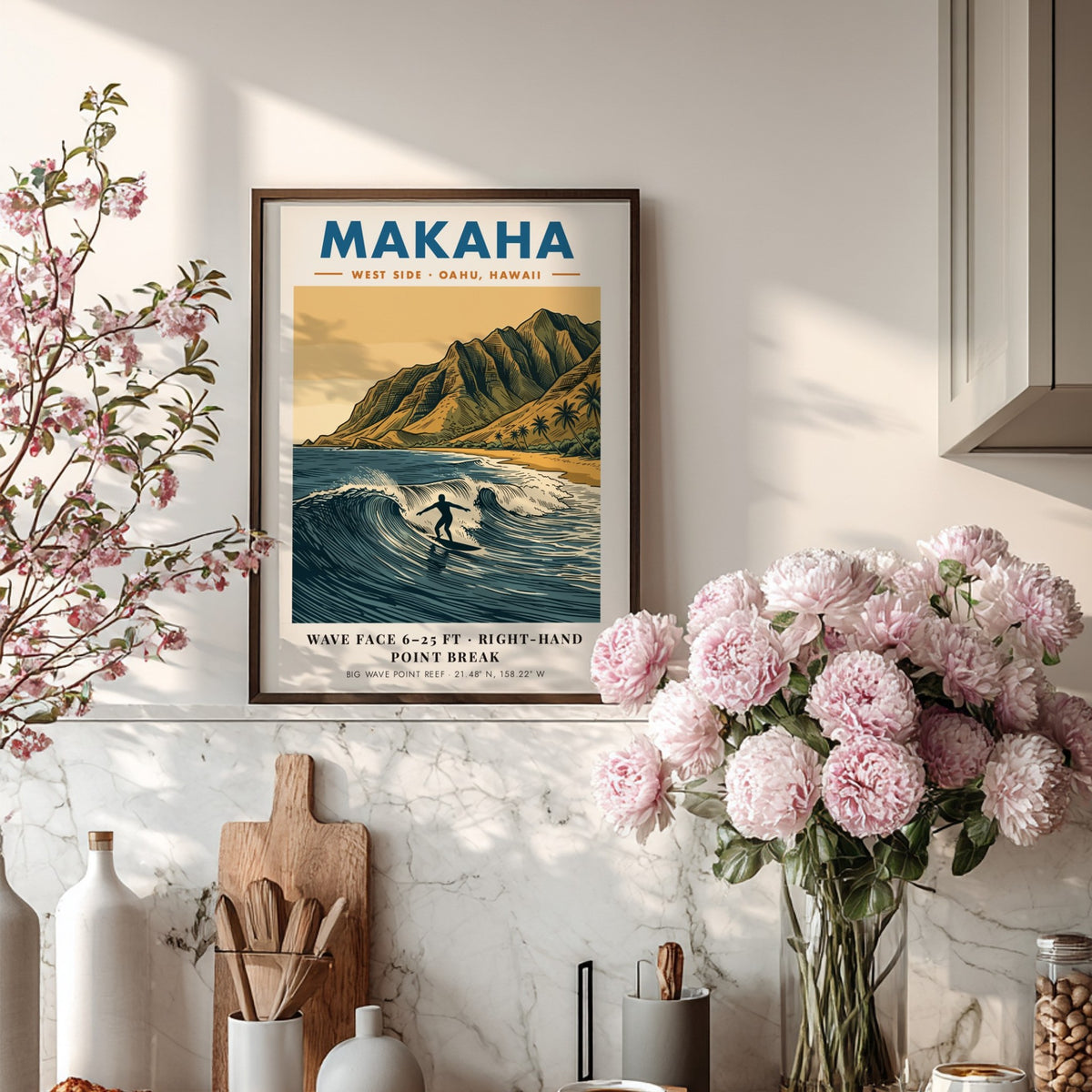 Makaha Hawaii surf poster featuring a lone surfer on a wave before mountains.