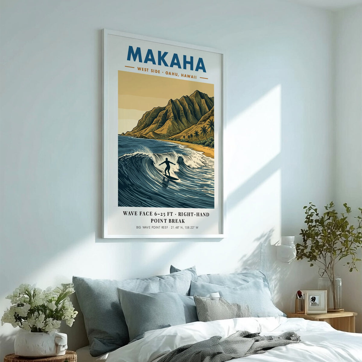 Makaha Hawaii surf poster featuring a lone surfer on a wave before mountains.