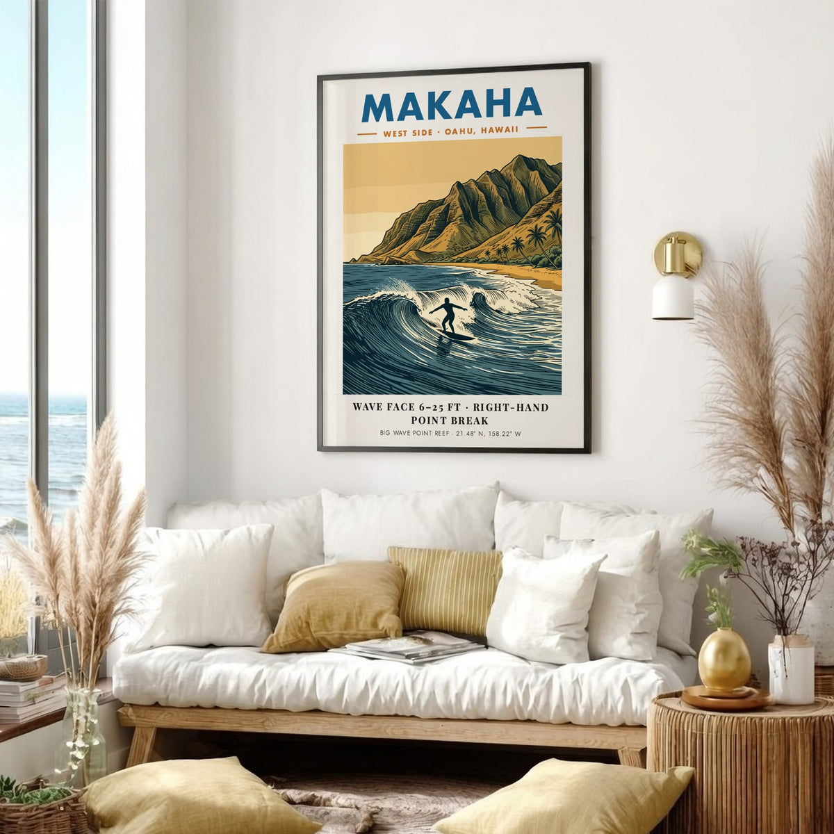 Makaha Hawaii surf poster featuring a lone surfer on a wave before mountains.