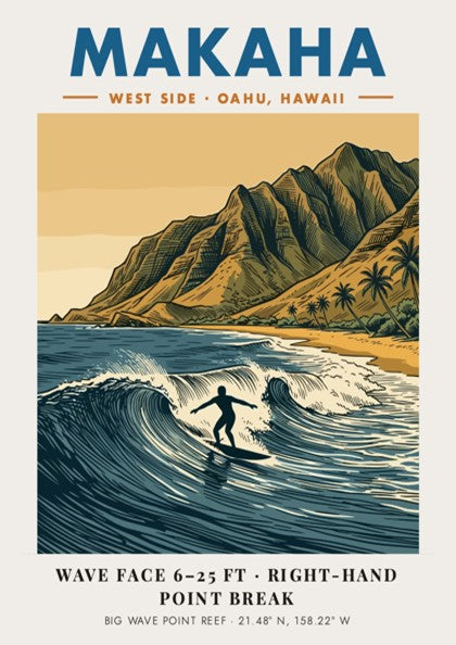 Makaha Hawaii surf poster featuring a lone surfer on a wave before mountains.