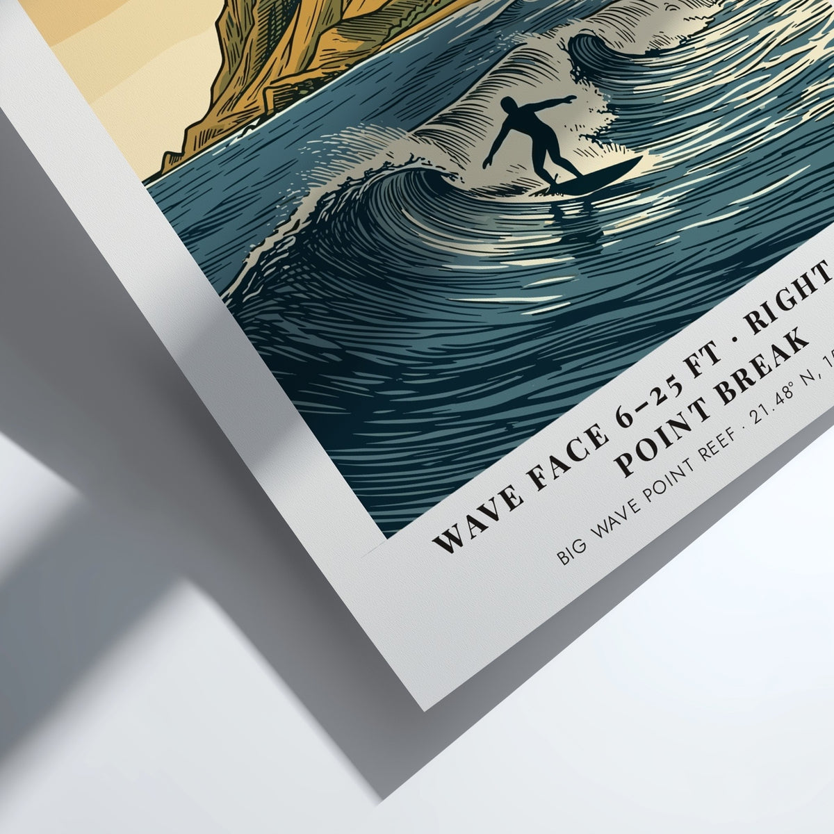 Makaha Hawaii surf poster featuring a lone surfer on a wave before mountains.