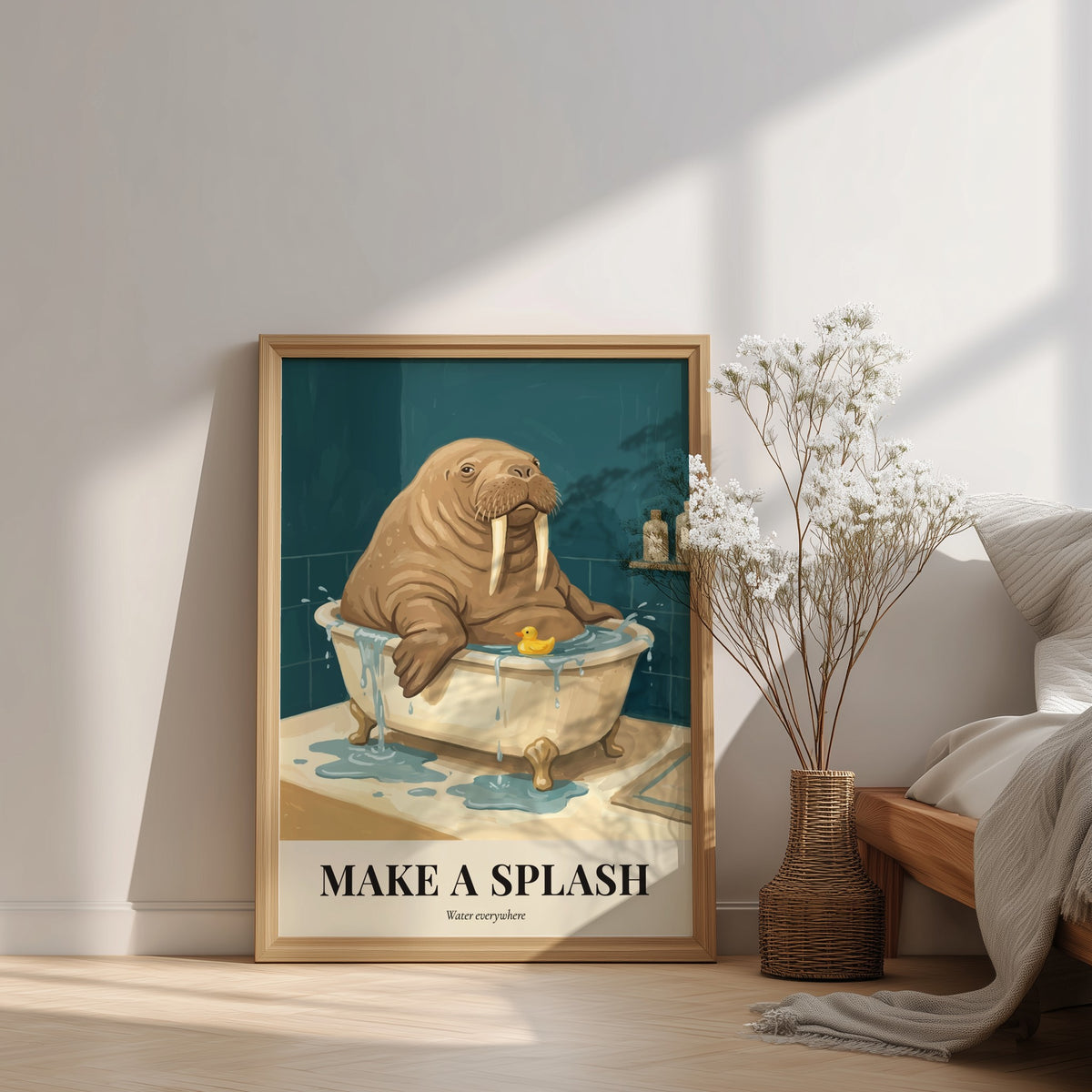 Poster of a walrus in a bathtub with a rubber duck and splash text