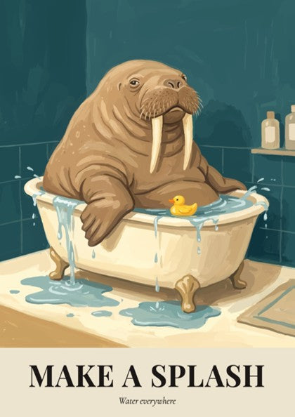 Poster of a walrus in a bathtub with a rubber duck and splash text