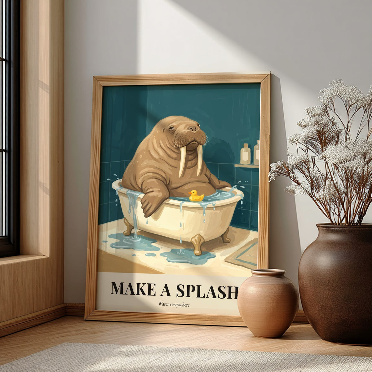 Poster of a walrus in a bathtub with a rubber duck and splash text
