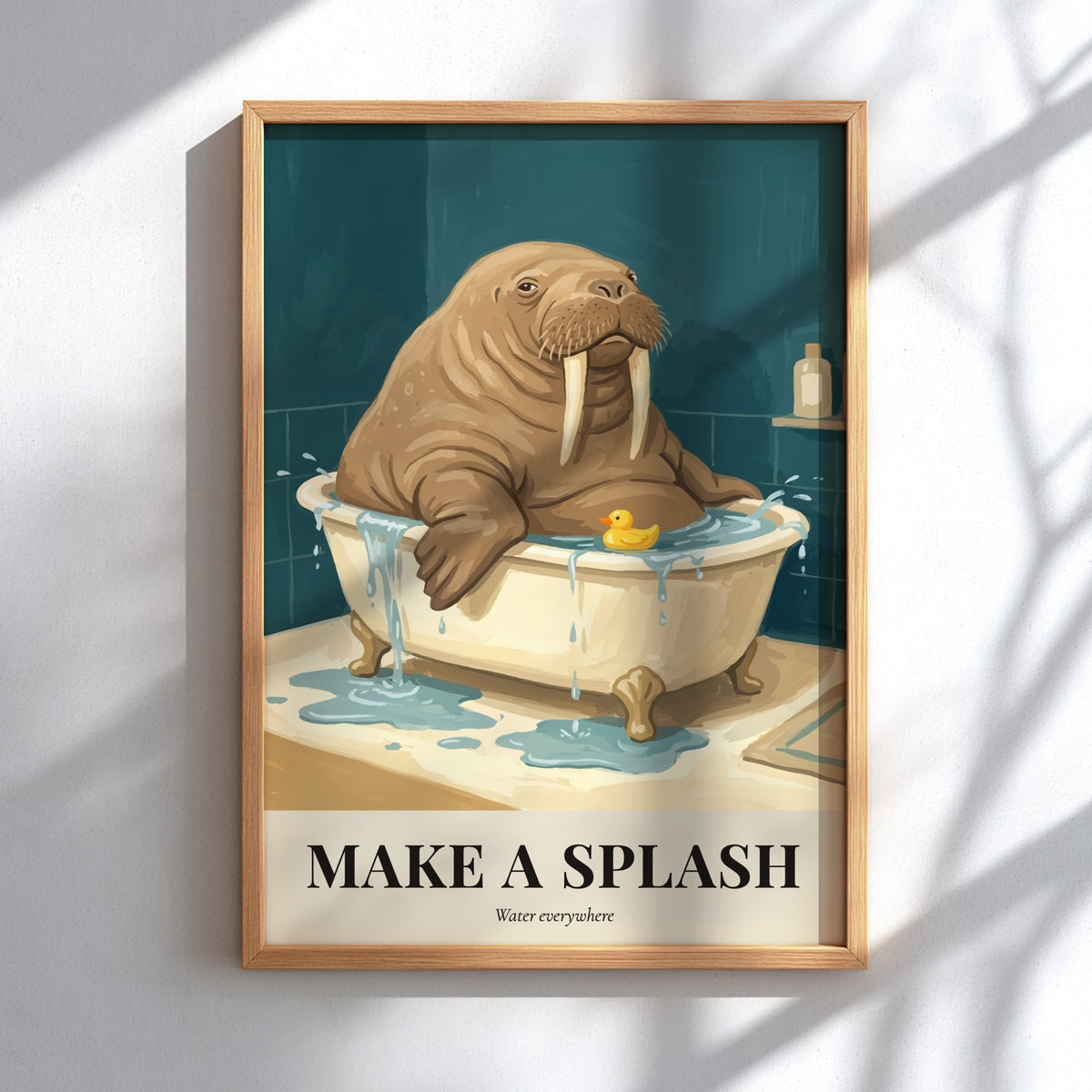 Poster of a walrus in a bathtub with a rubber duck and splash text