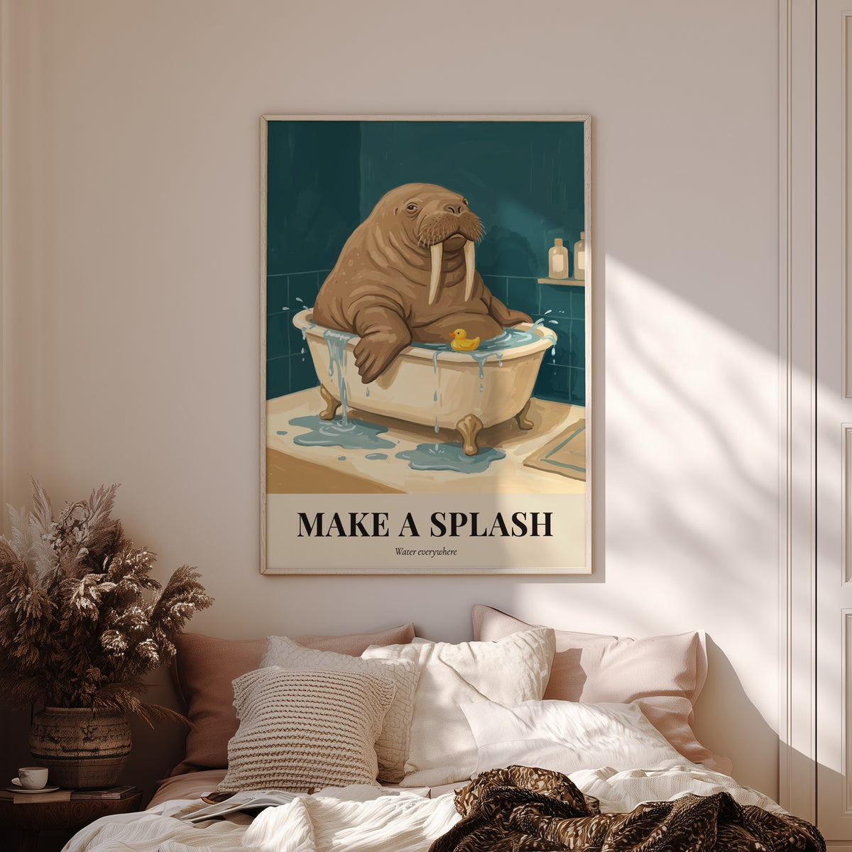 Poster of a walrus in a bathtub with a rubber duck and splash text
