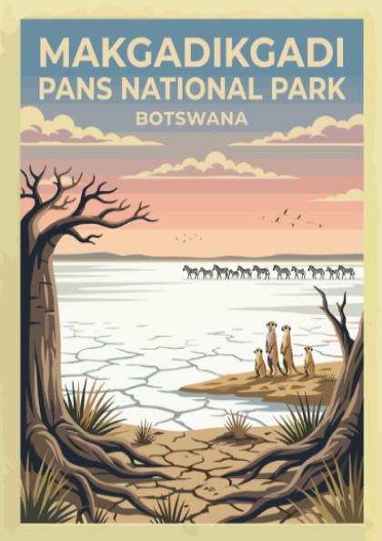 Makgadikgadi Pans poster featuring a tranquil landscape with wildlife and soft pastel colors, perfect for