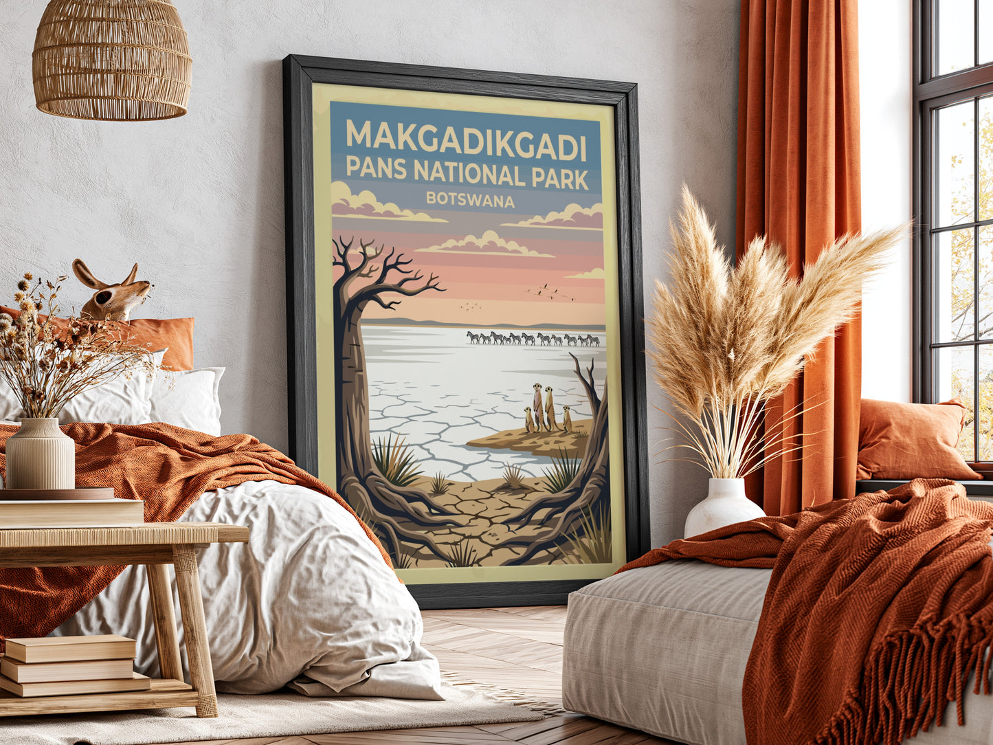 Makgadikgadi Pans poster featuring a tranquil landscape with wildlife and soft pastel colors, perfect for