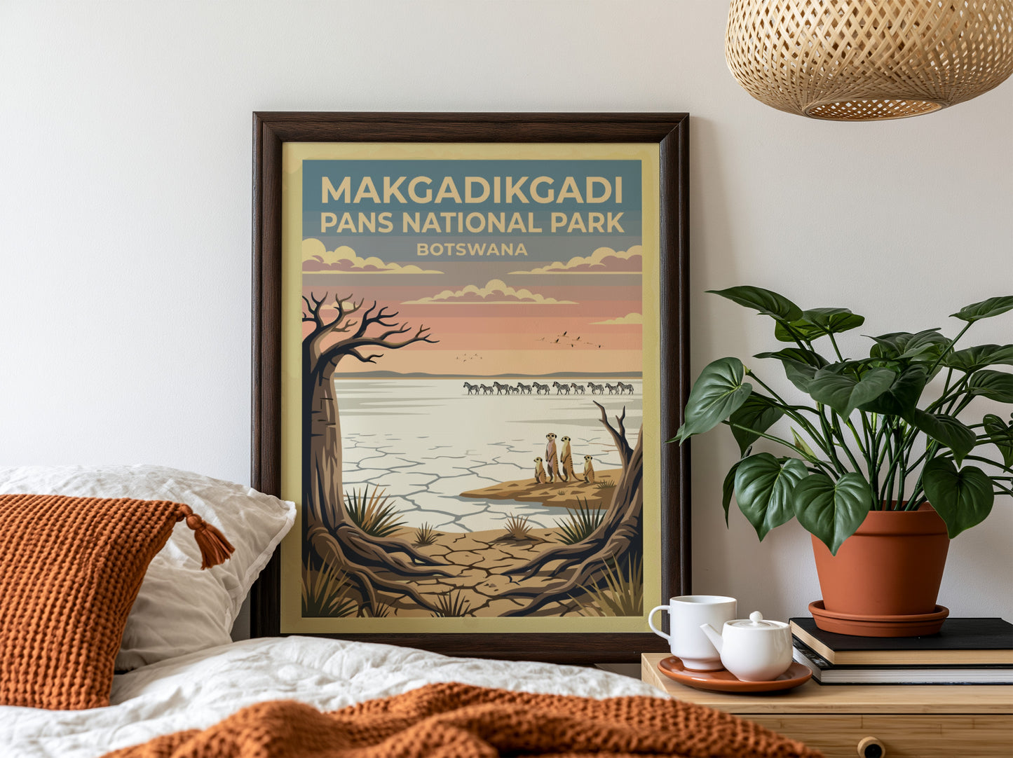 Makgadikgadi Pans poster featuring a tranquil landscape with wildlife and soft pastel colors, perfect for