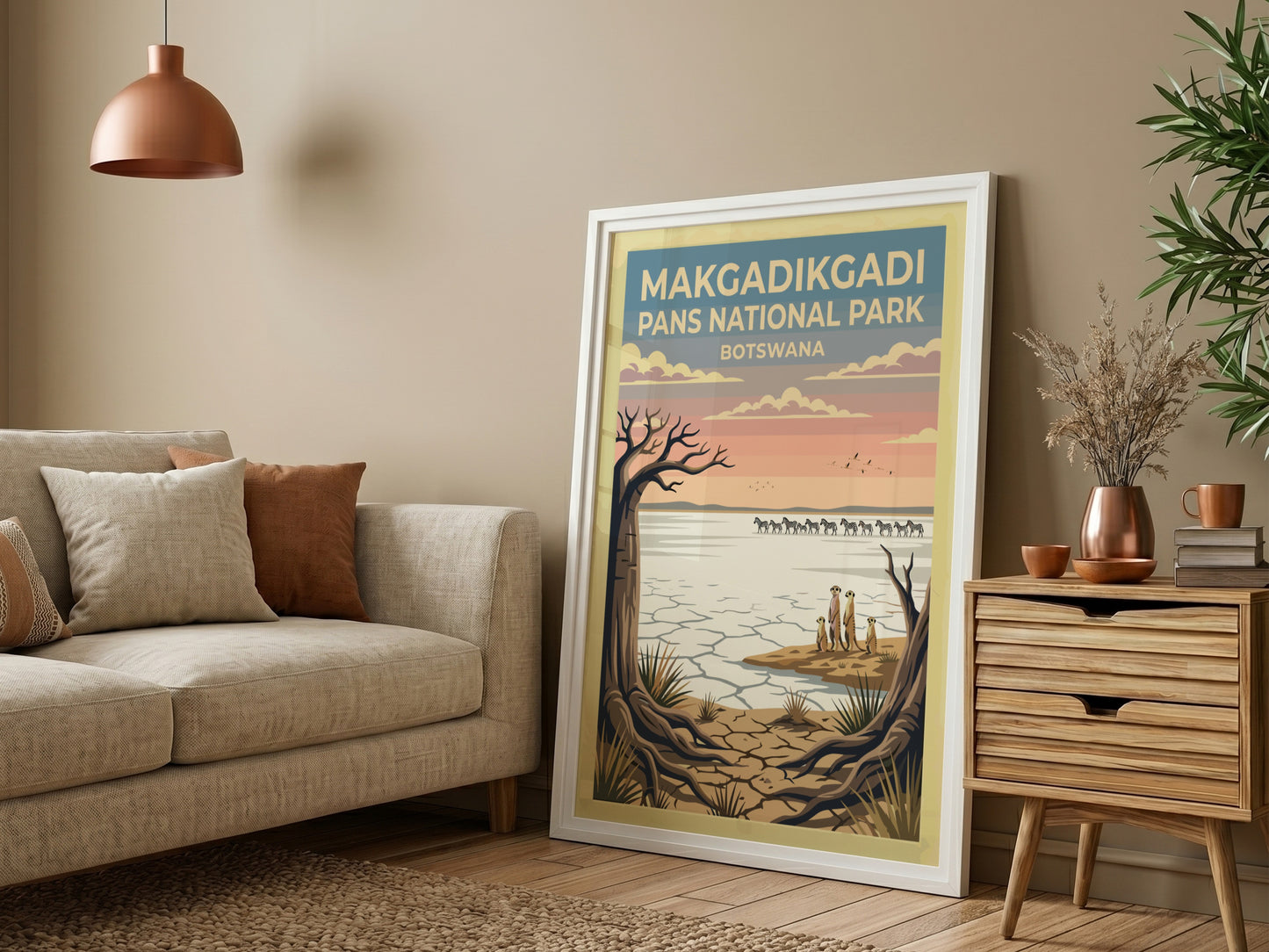 Makgadikgadi Pans poster featuring a tranquil landscape with wildlife and soft pastel colors, perfect for