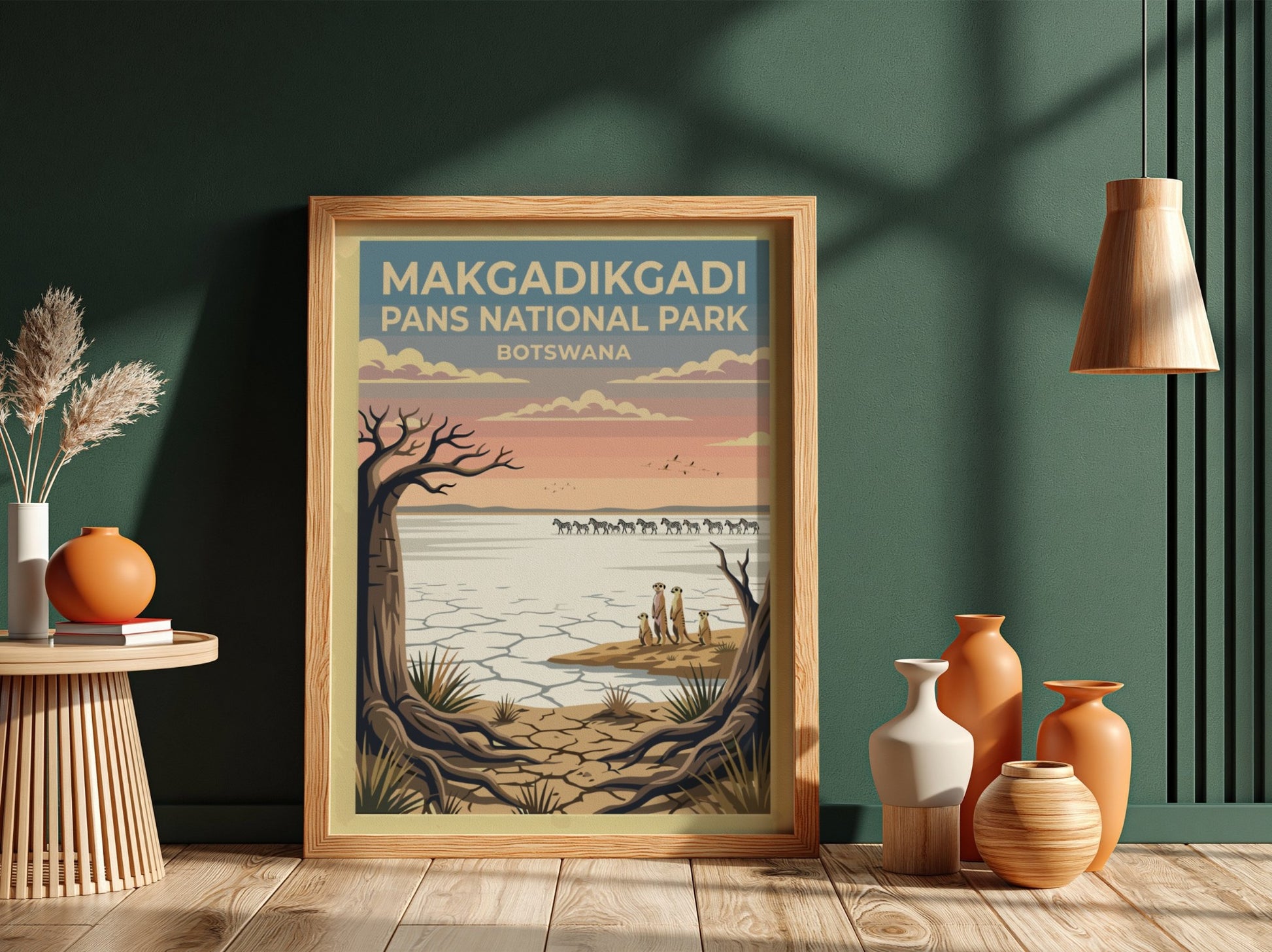 Makgadikgadi Pans poster featuring a tranquil landscape with wildlife and soft pastel colors, perfect for