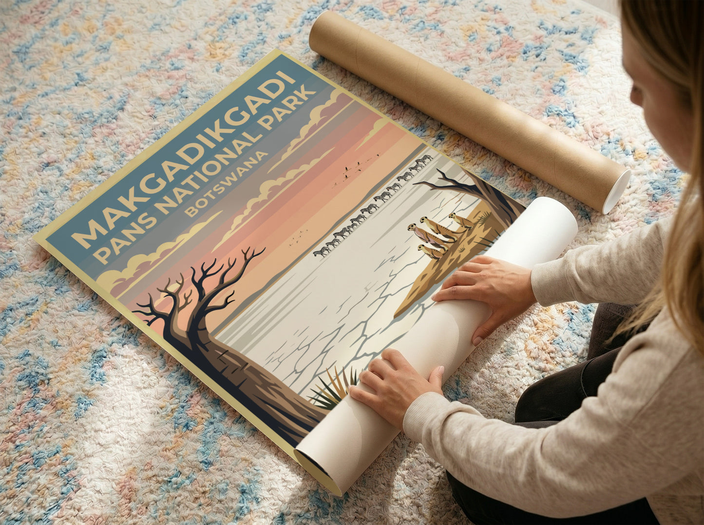 Makgadikgadi Pans poster featuring a tranquil landscape with wildlife and soft pastel colors, perfect for