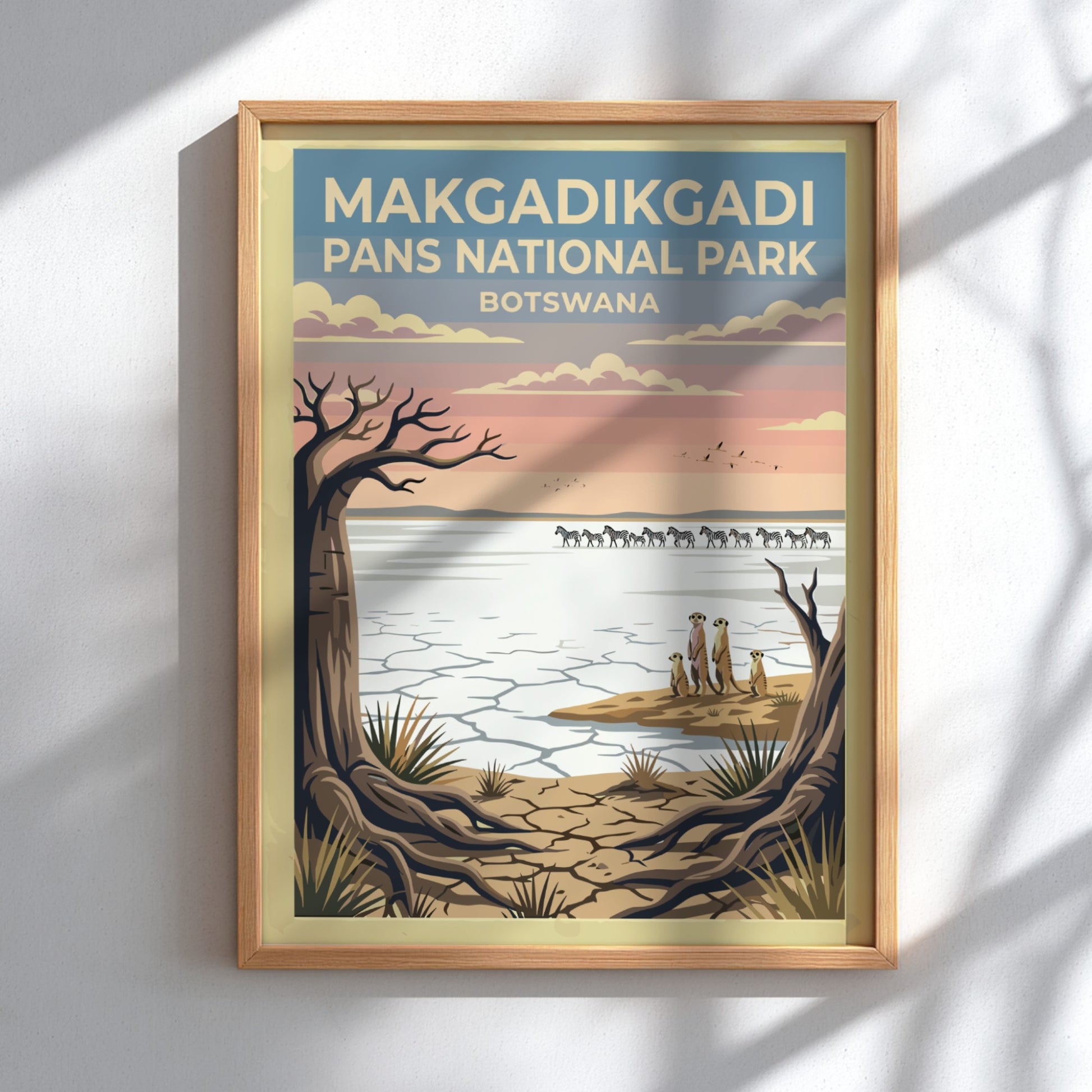 Makgadikgadi Pans poster featuring a tranquil landscape with wildlife and soft pastel colors, perfect for