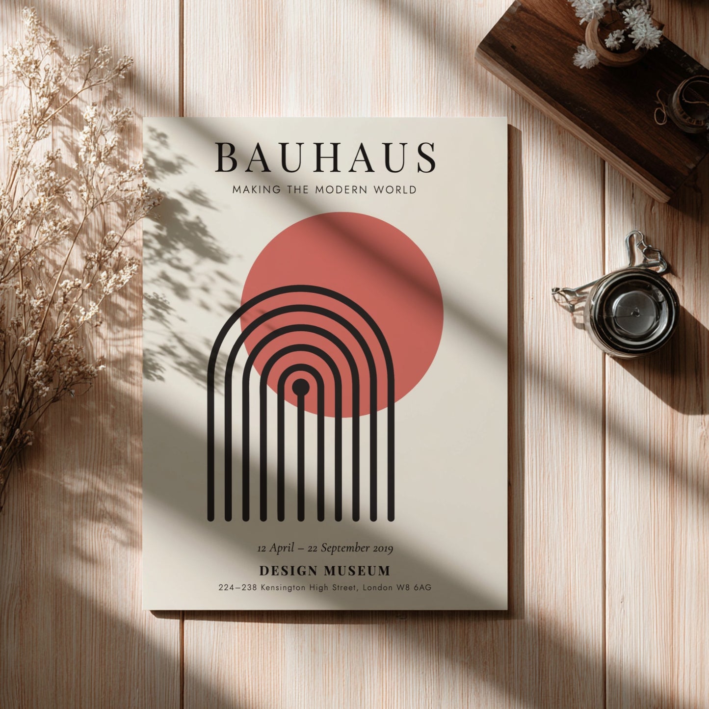 Bauhaus poster featuring geometric shapes and warm colors, modern design wall art for home decor