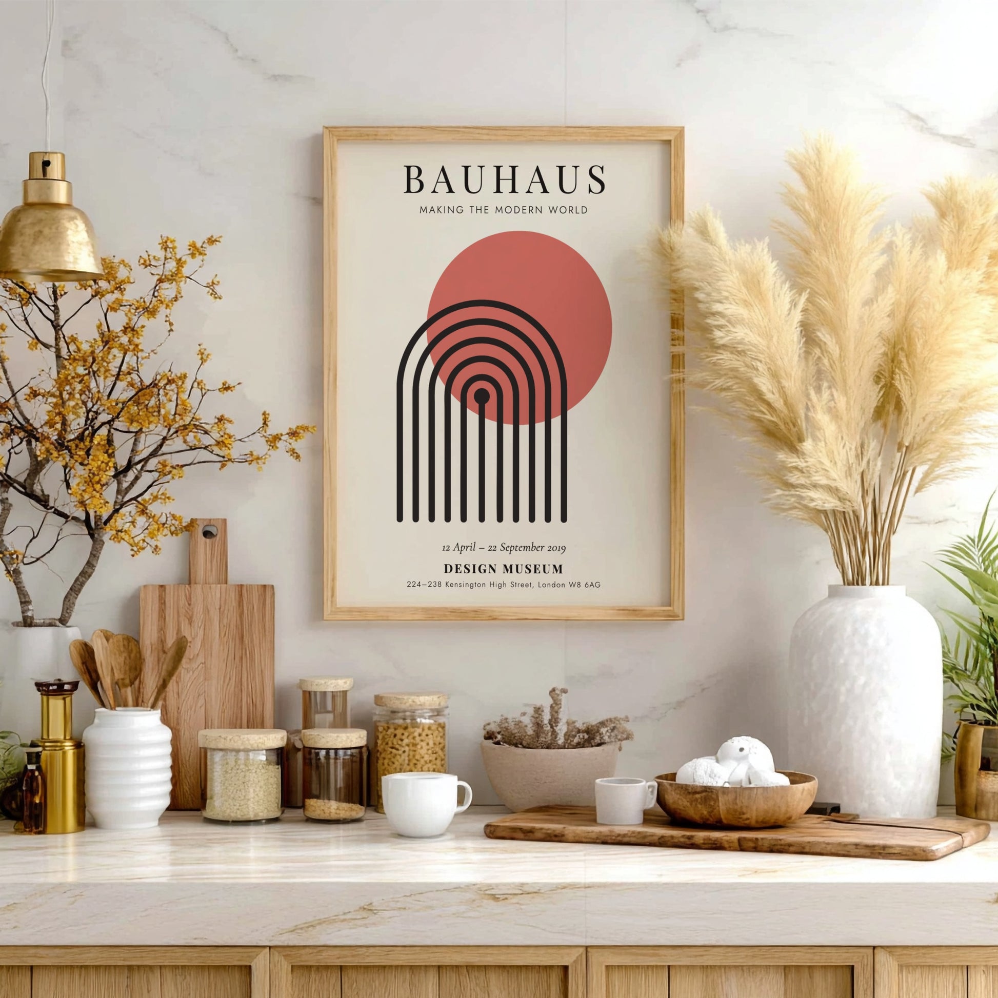 Bauhaus poster featuring geometric shapes and warm colors, modern design wall art for home decor