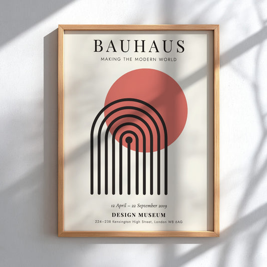 Bauhaus poster featuring geometric shapes and warm colors, modern design wall art for home decor