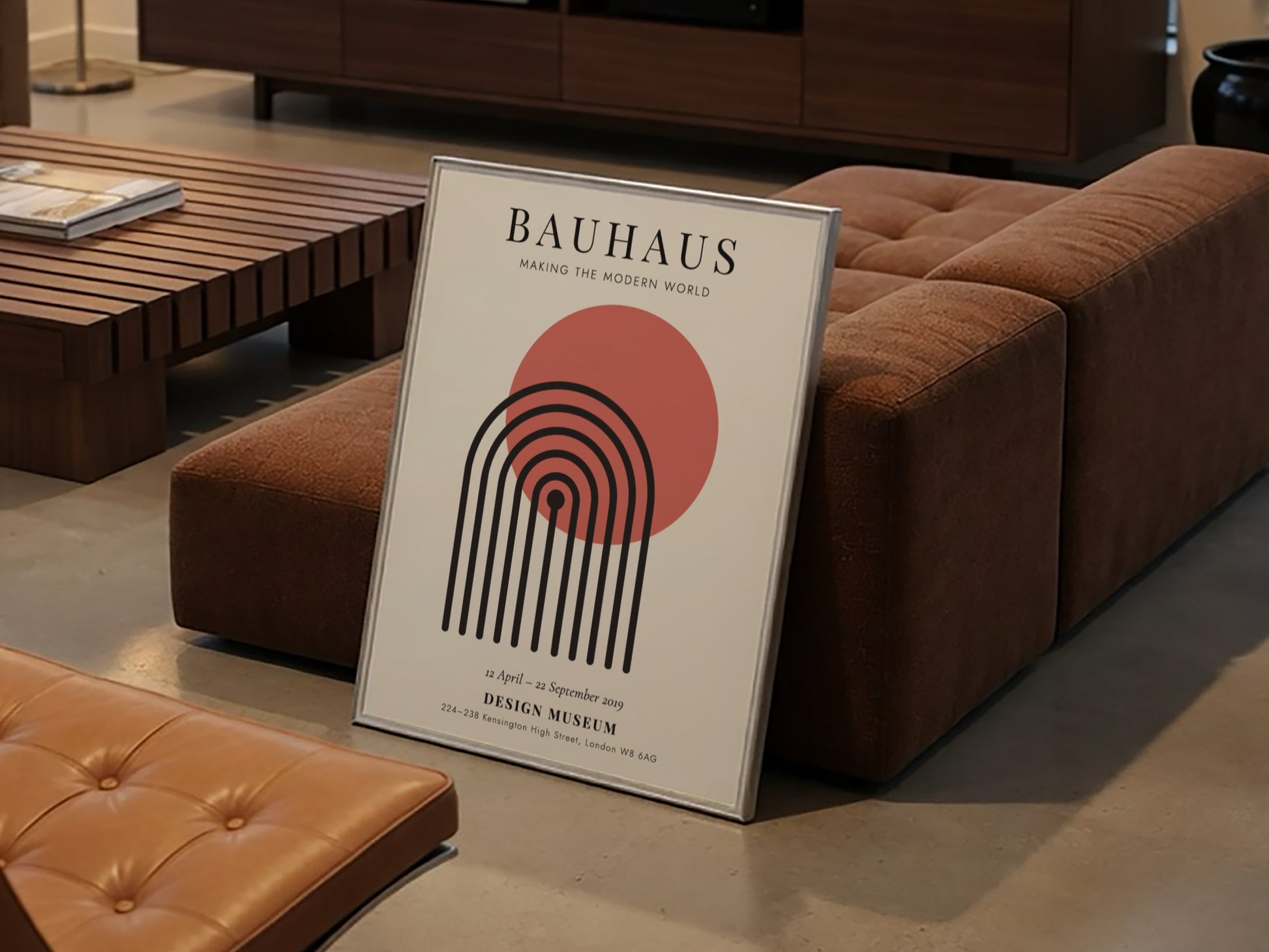 Bauhaus poster featuring geometric shapes and warm colors, modern design wall art for home decor
