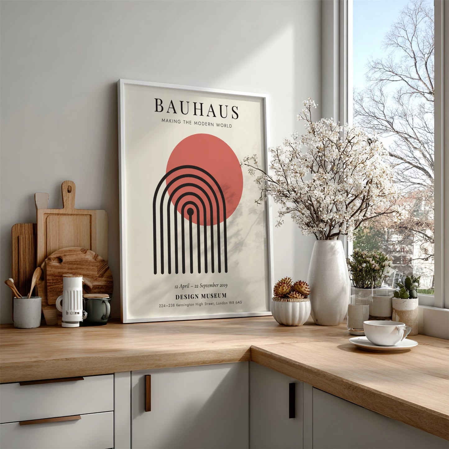 Bauhaus poster featuring geometric shapes and warm colors, modern design wall art for home decor