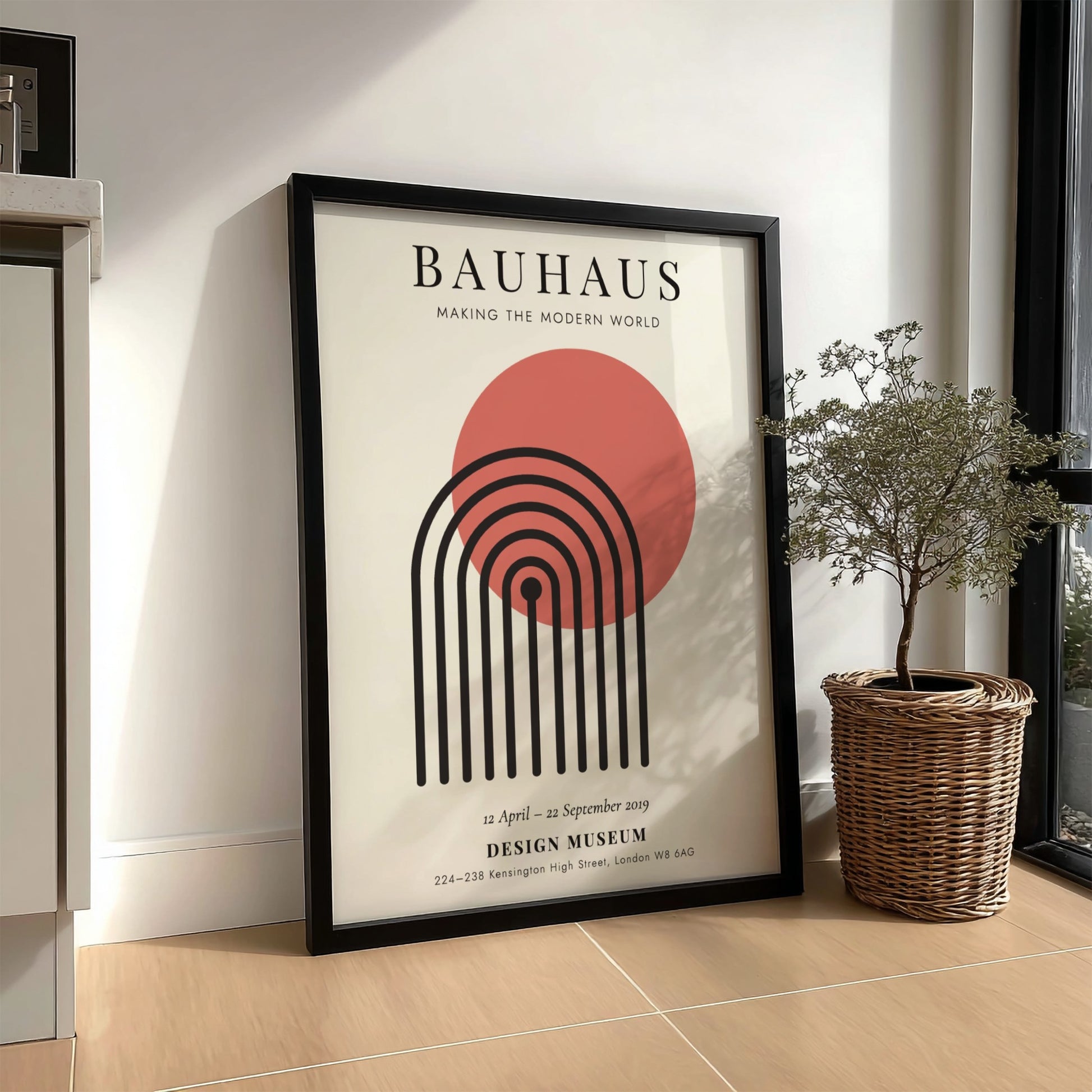 Bauhaus poster featuring geometric shapes and warm colors, modern design wall art for home decor