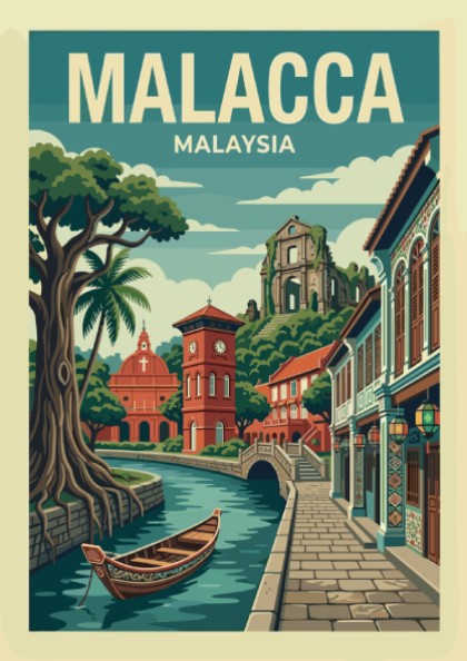 Malacca Malaysia travel poster with vintage illustration of a canal scene, trees, and buildings.
