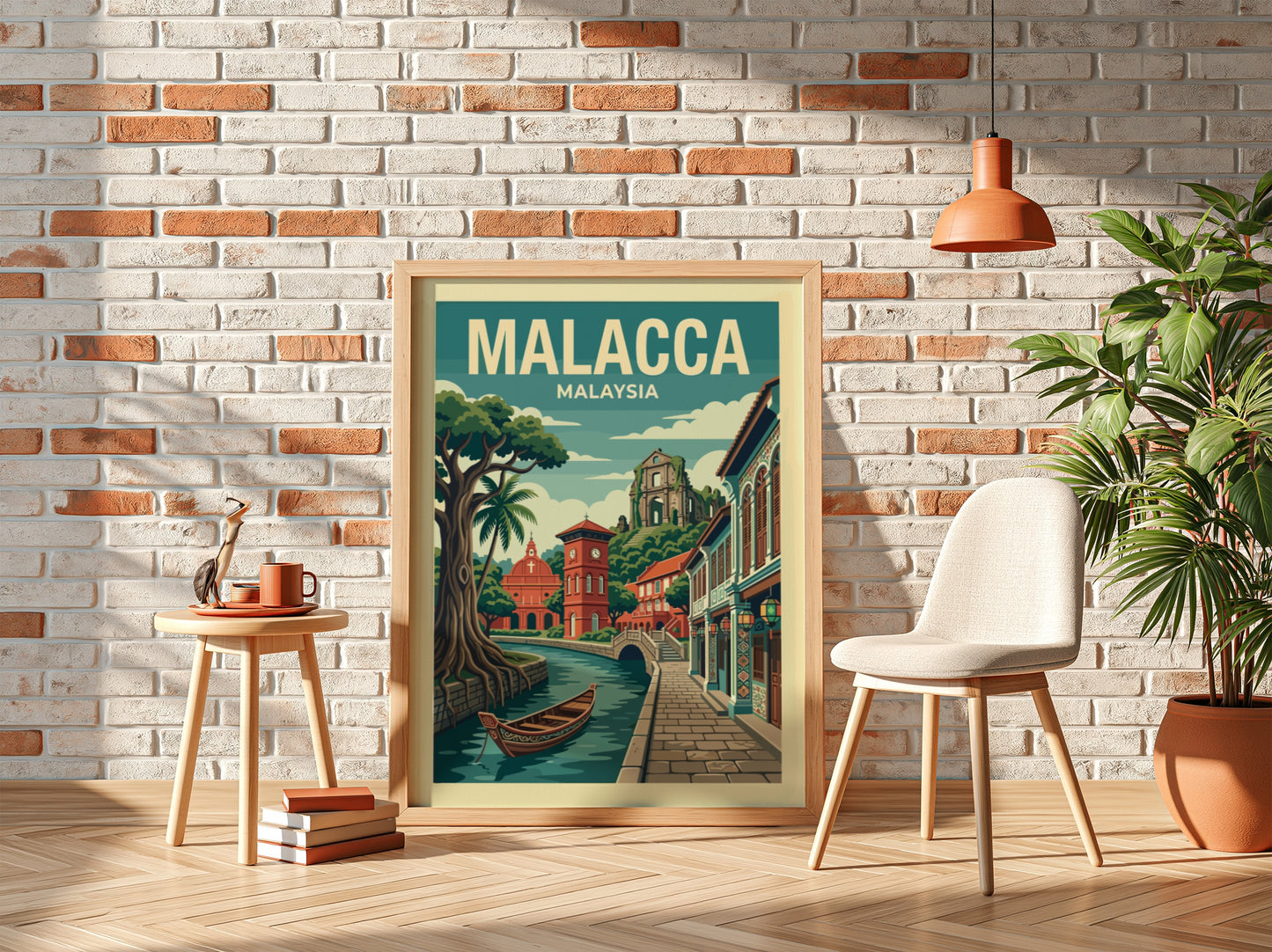 Malacca Malaysia travel poster with vintage illustration of a canal scene, trees, and buildings.