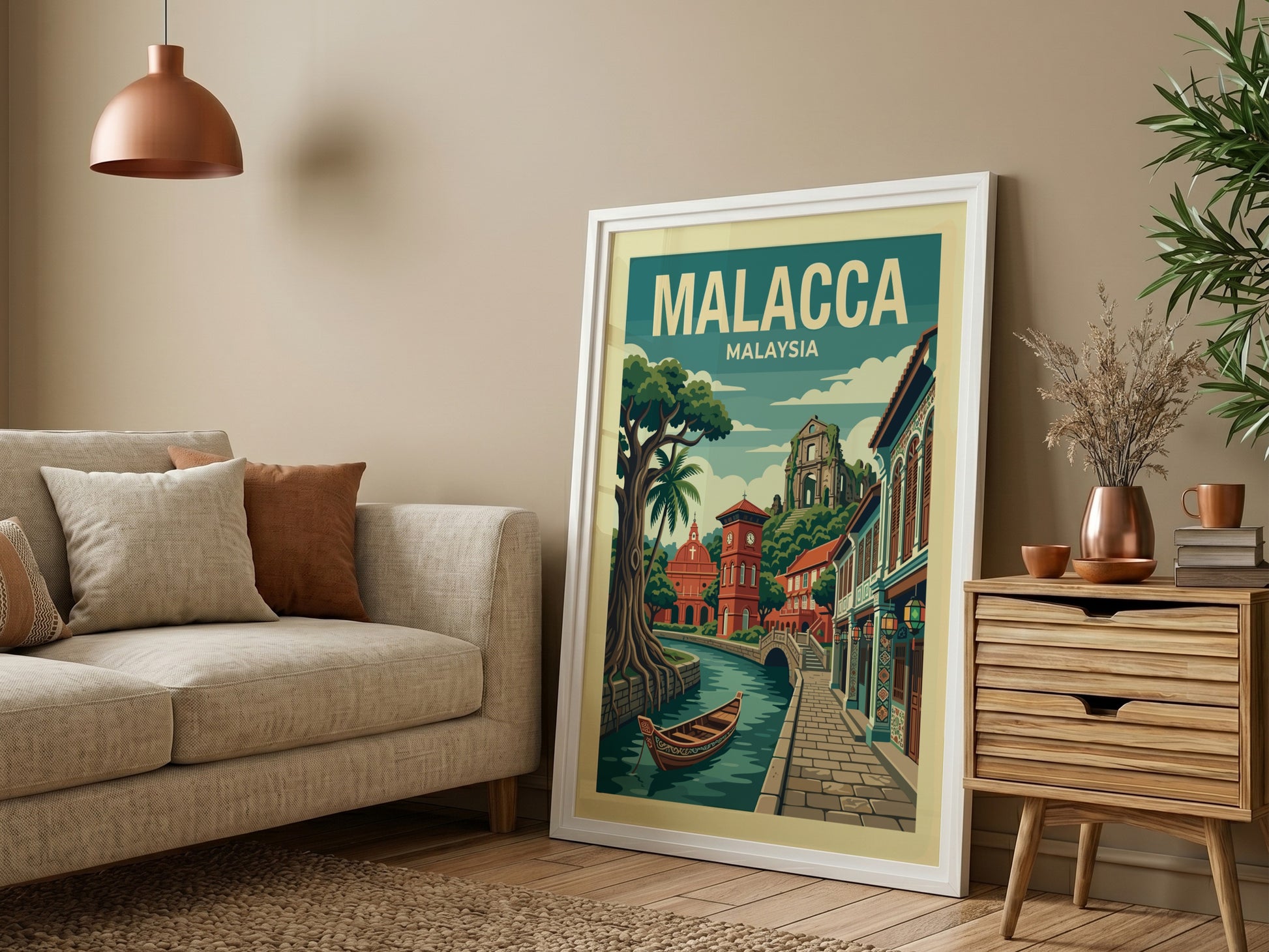 Malacca Malaysia travel poster with vintage illustration of a canal scene, trees, and buildings.