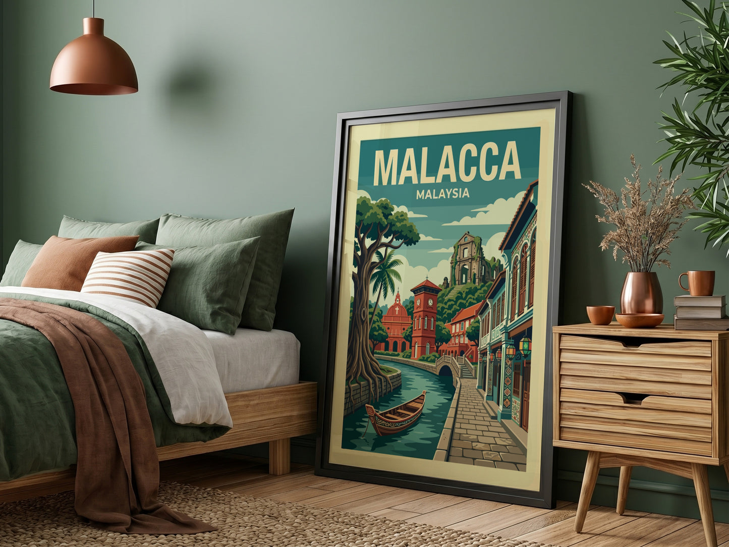 Malacca Malaysia travel poster with vintage illustration of a canal scene, trees, and buildings.