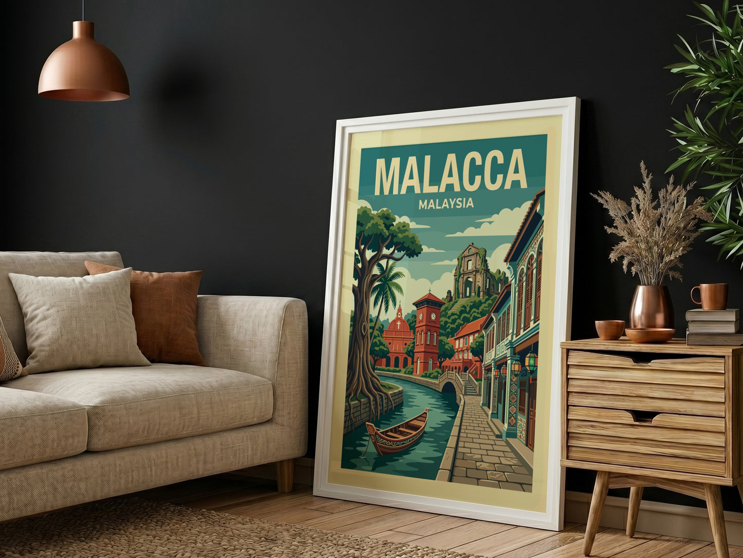 Malacca Malaysia travel poster with vintage illustration of a canal scene, trees, and buildings.