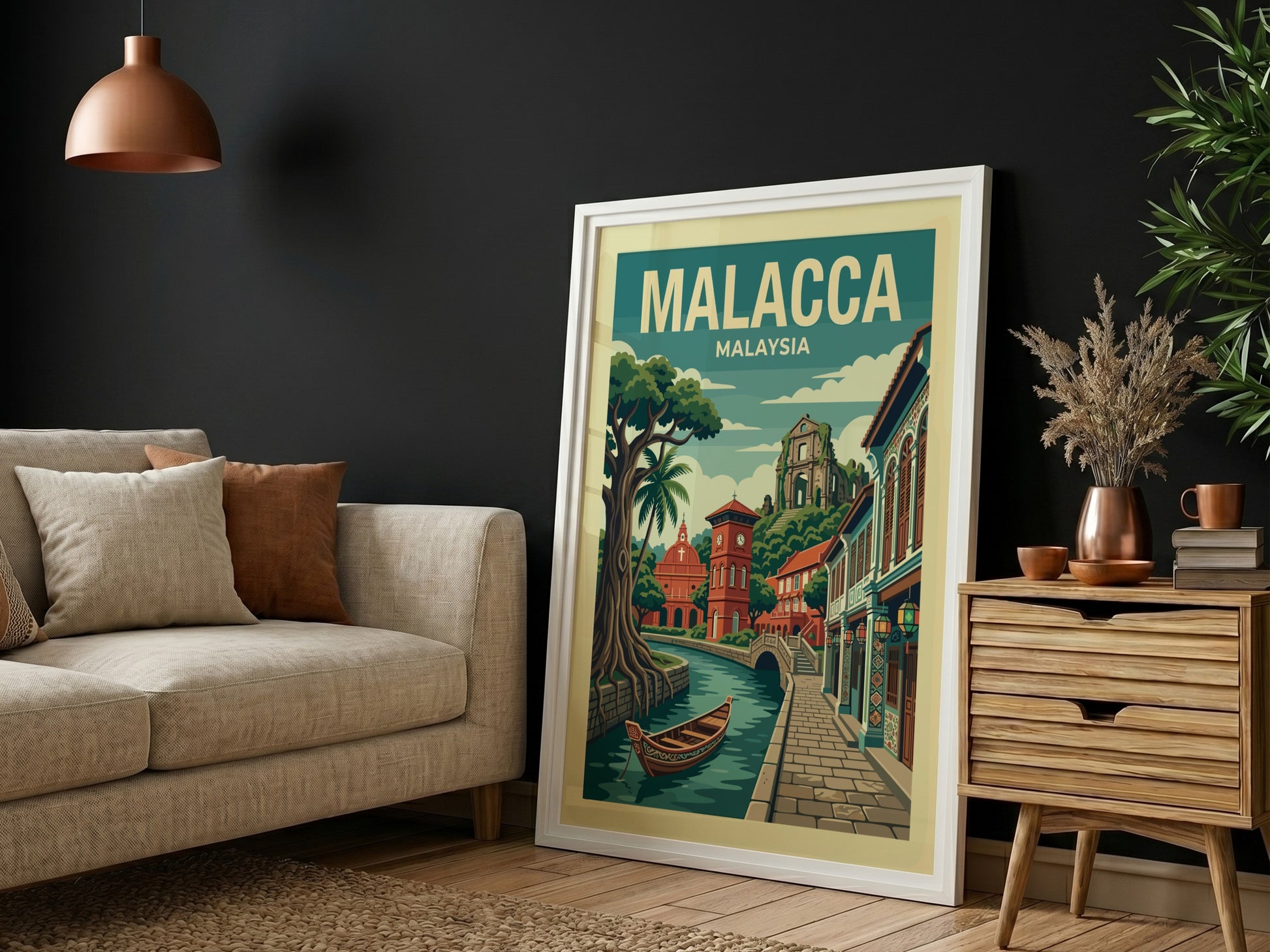 Malacca Malaysia travel poster with vintage illustration of a canal scene, trees, and buildings.