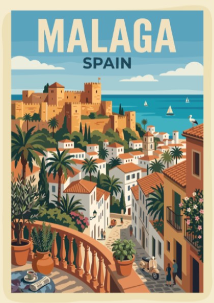 Travel poster of Malaga Spain featuring a historic fortress overlooking white buildings and sea.