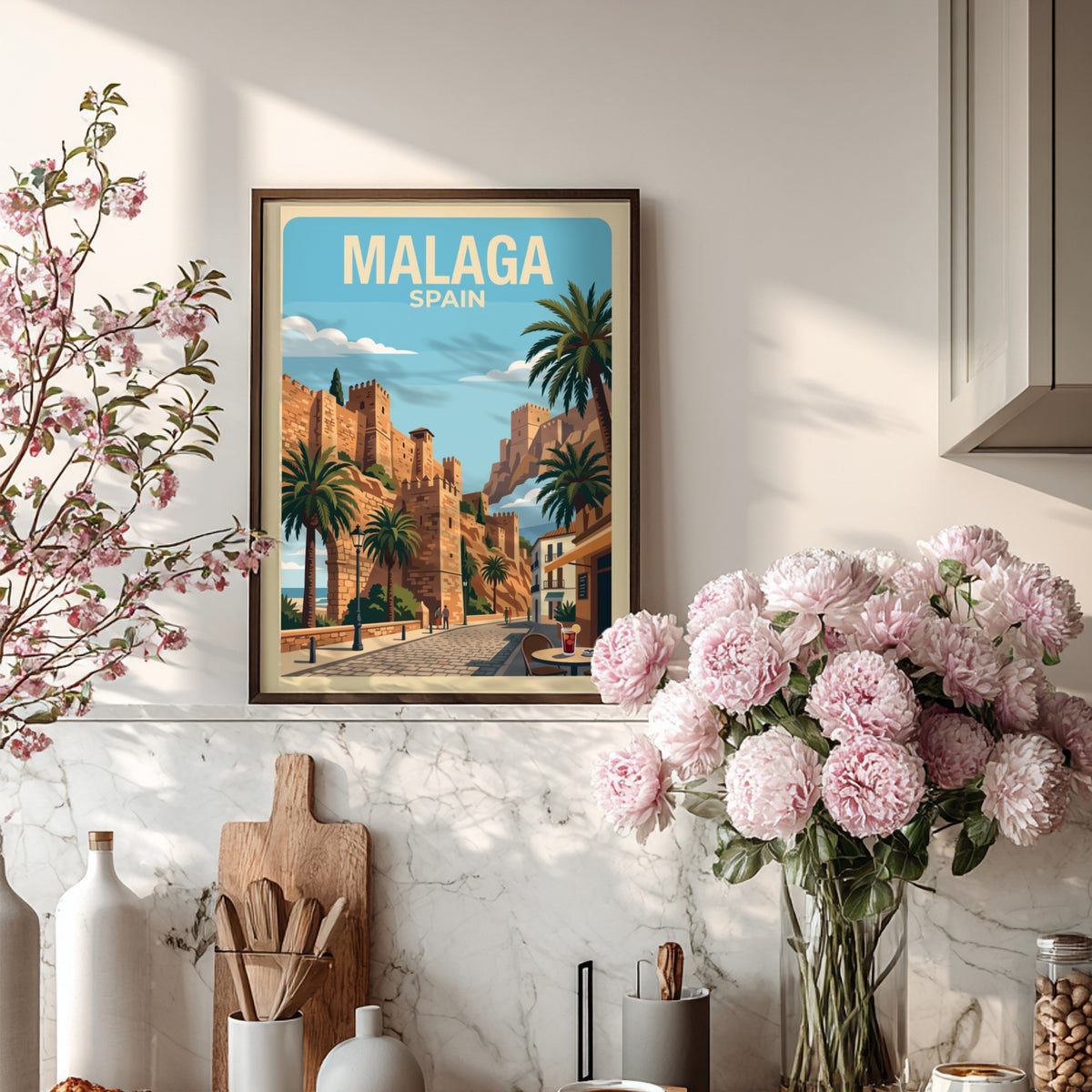 Poster of Malaga Spain featuring historic stone fortress walls, palm trees, and cobblestone streets.