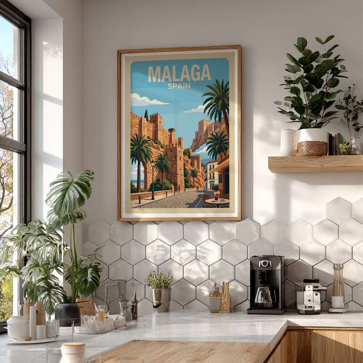 Poster of Malaga Spain featuring historic stone fortress walls, palm trees, and cobblestone streets.