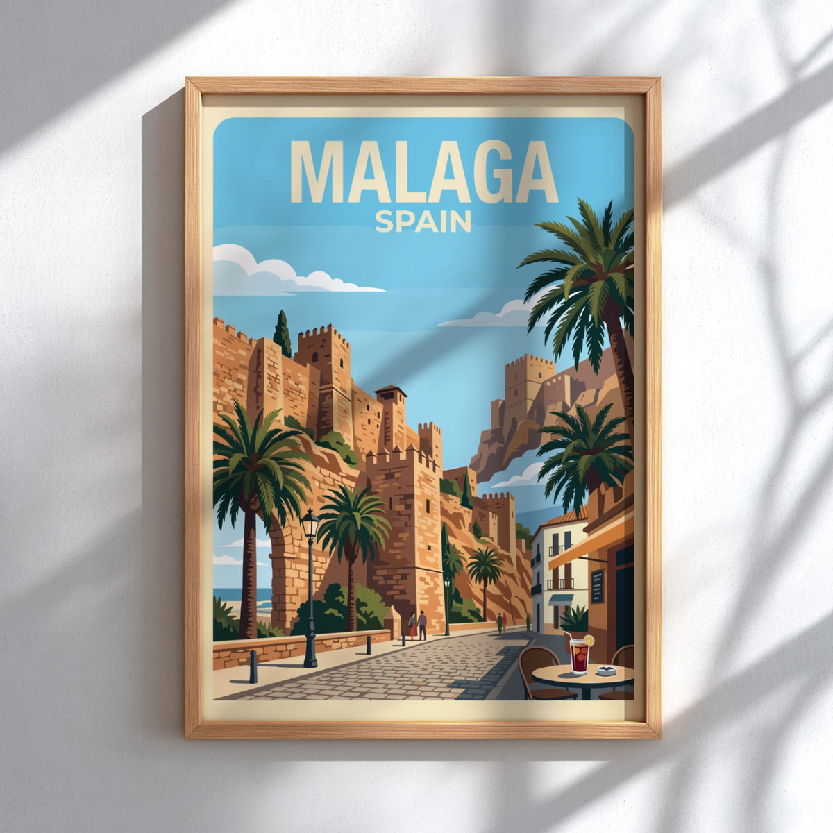 Poster of Malaga Spain featuring historic stone fortress walls, palm trees, and cobblestone streets.