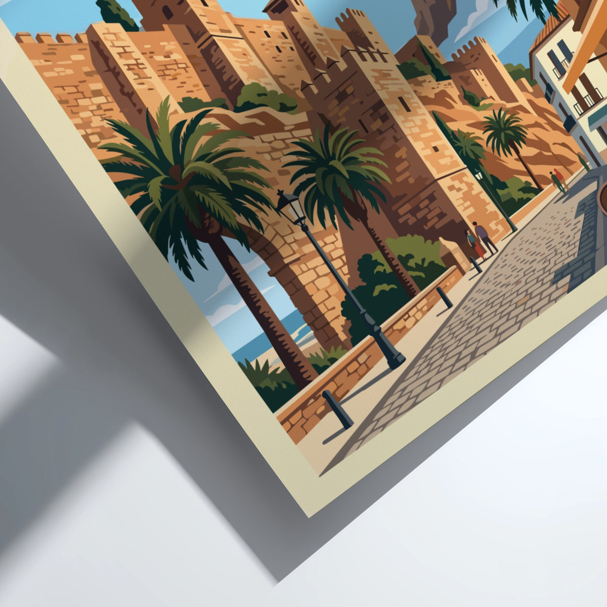 Poster of Malaga Spain featuring historic stone fortress walls, palm trees, and cobblestone streets.