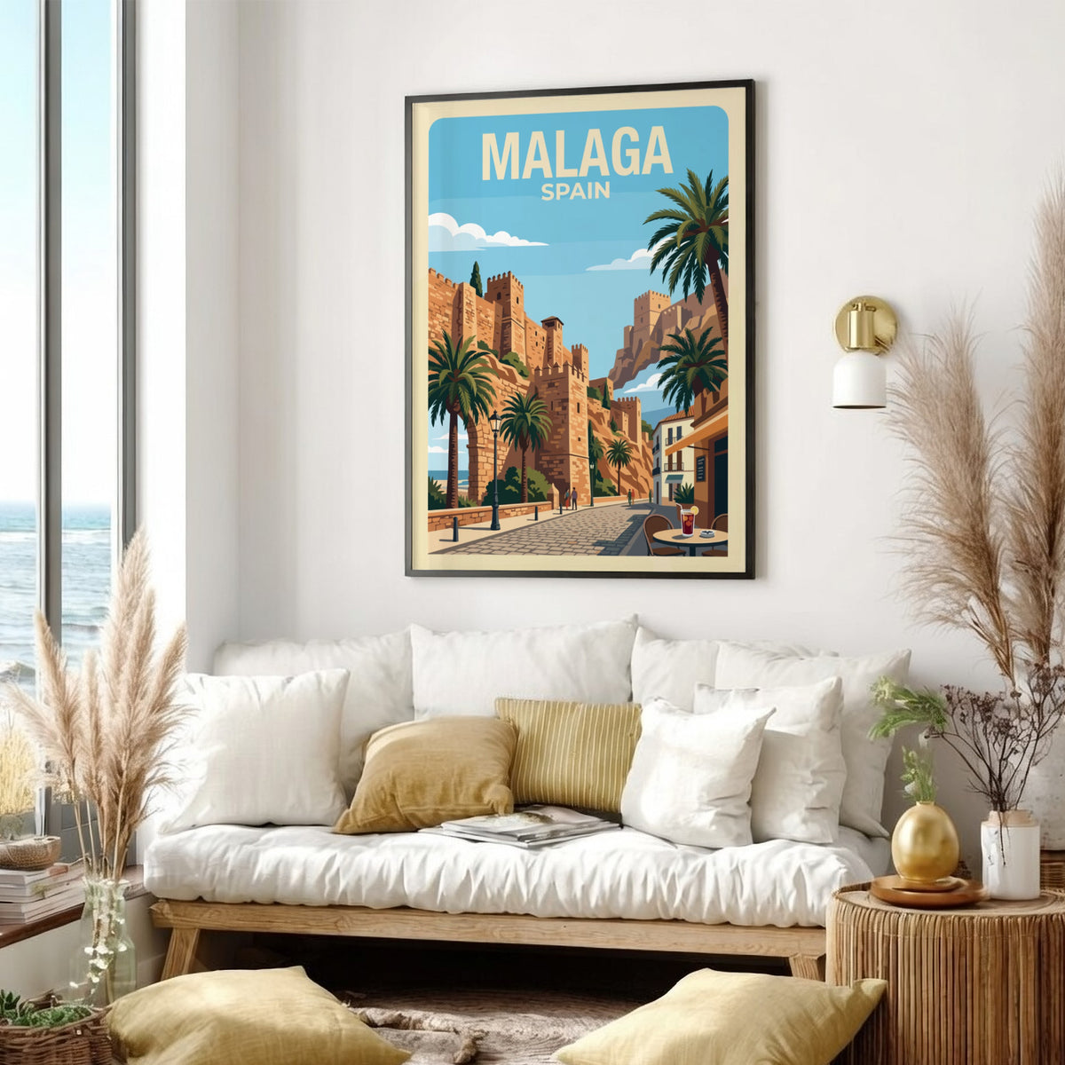 Poster of Malaga Spain featuring historic stone fortress walls, palm trees, and cobblestone streets.
