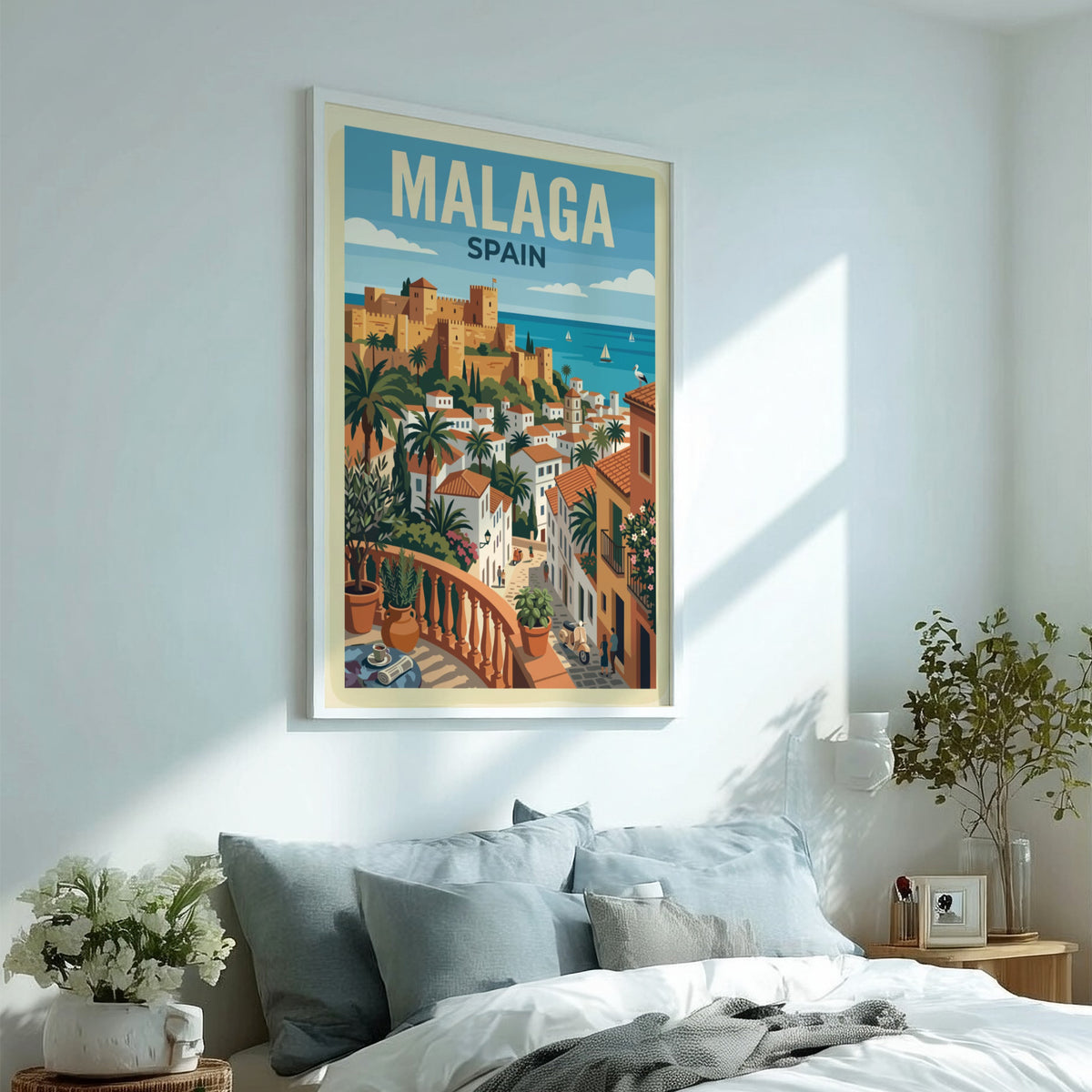 Travel poster of Malaga Spain featuring a historic fortress overlooking white buildings and sea.