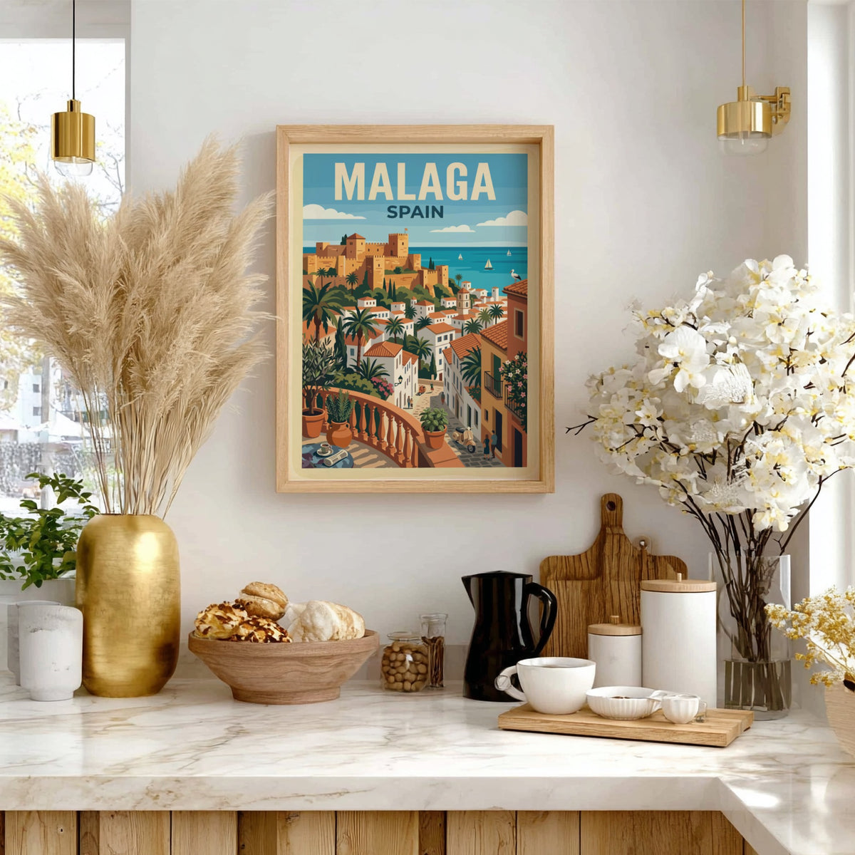 Travel poster of Malaga Spain featuring a historic fortress overlooking white buildings and sea.