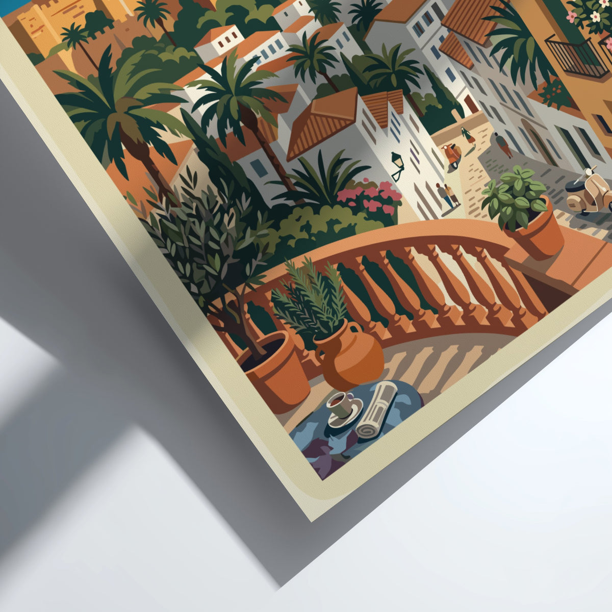 Travel poster of Malaga Spain featuring a historic fortress overlooking white buildings and sea.
