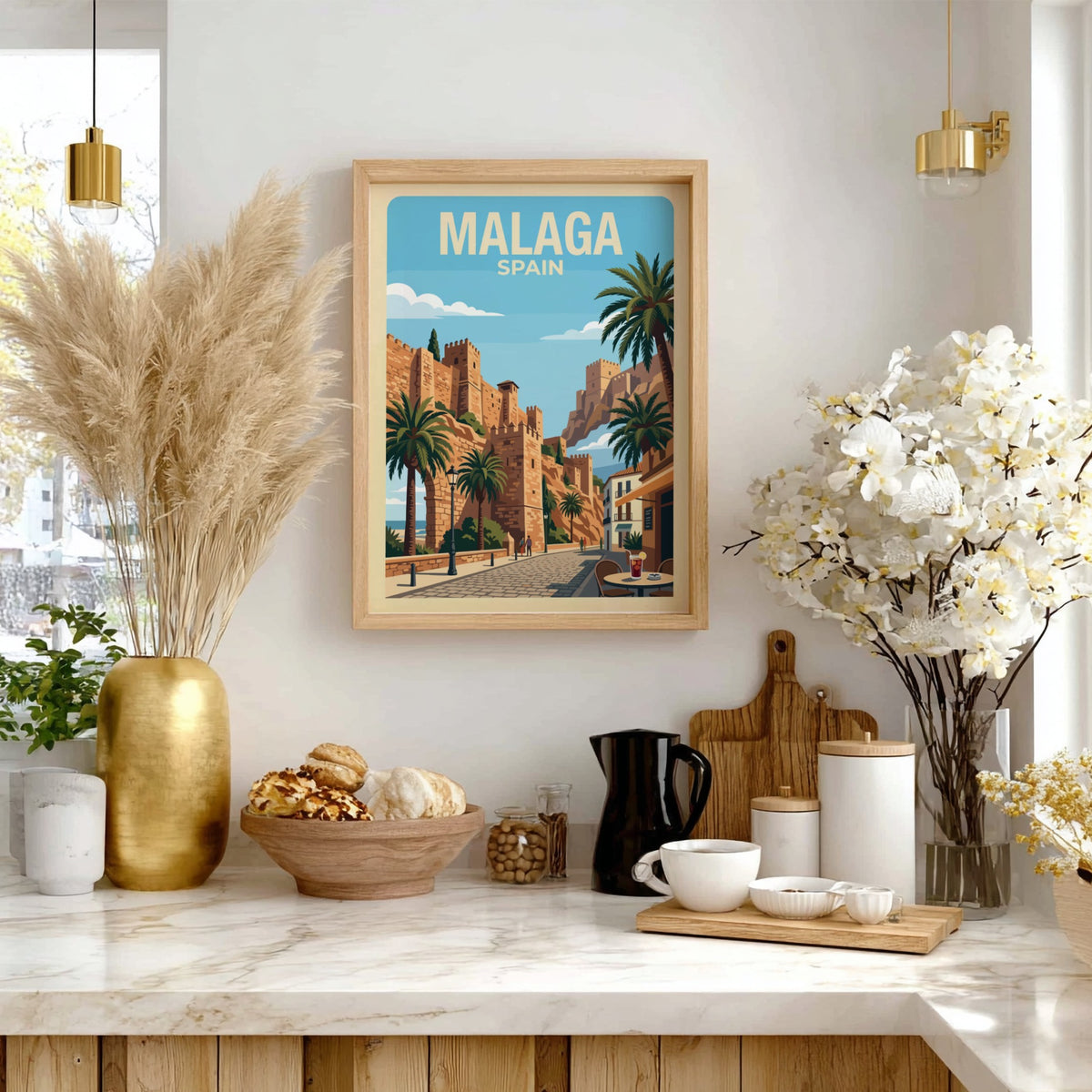 Poster of Malaga Spain featuring historic stone fortress walls, palm trees, and cobblestone streets.