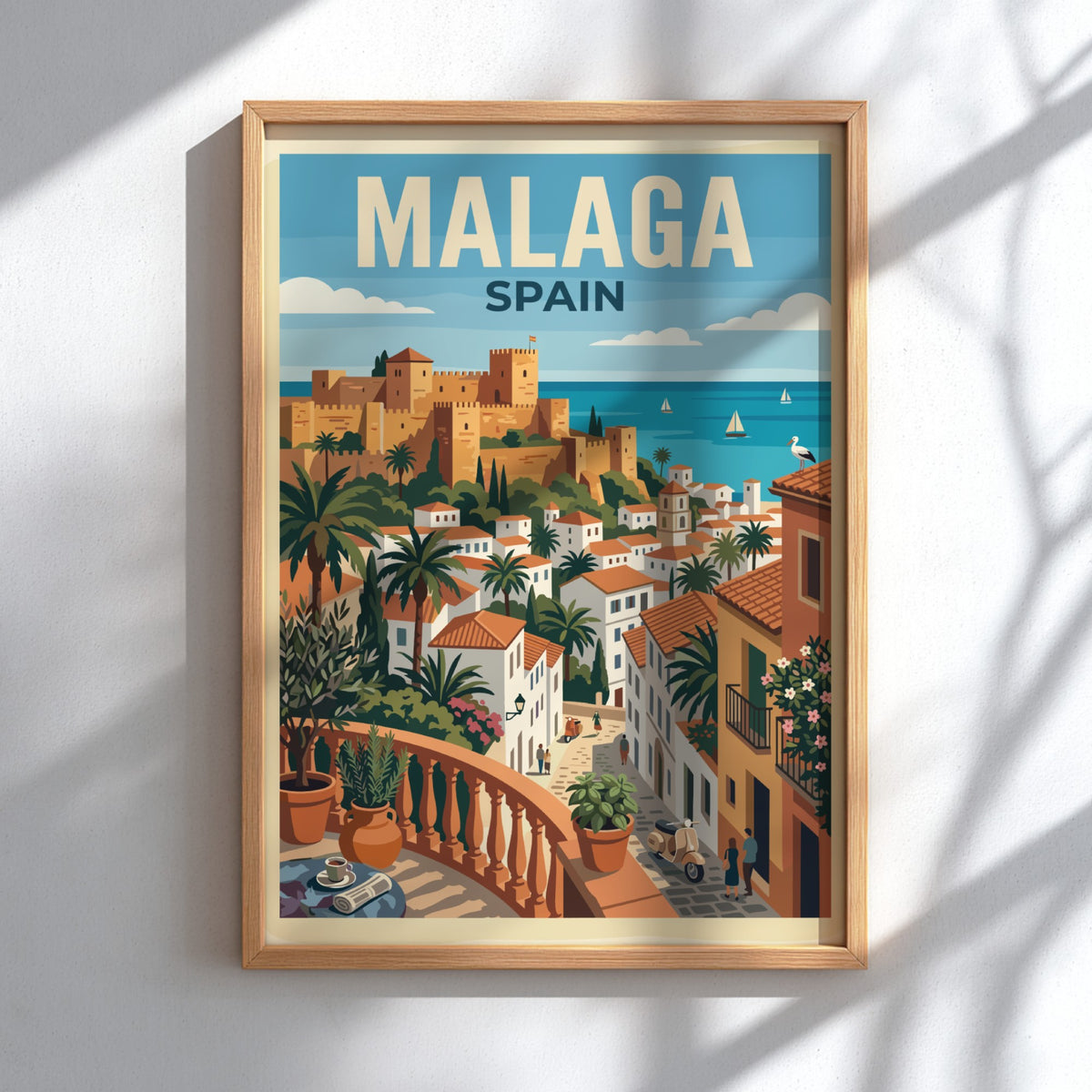 Travel poster of Malaga Spain featuring a historic fortress overlooking white buildings and sea.