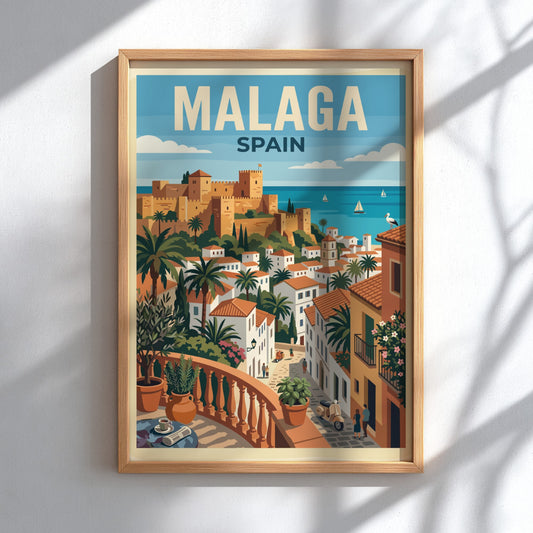 Travel poster of Malaga Spain featuring a historic fortress overlooking white buildings and sea.