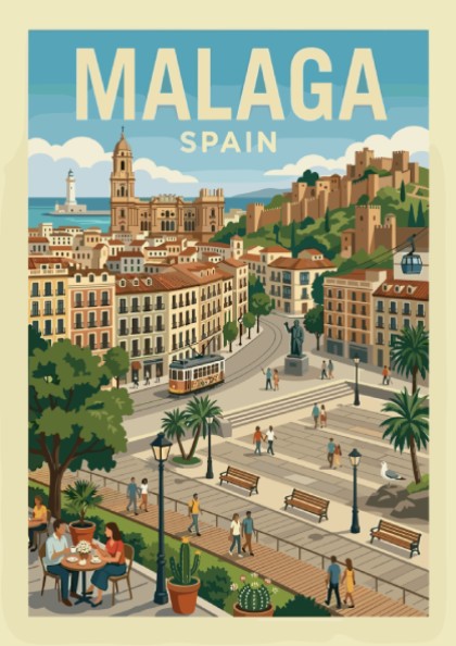 Malaga, Spain travel poster in a retro style with vintage colors, featuring city landmarks and a tram.